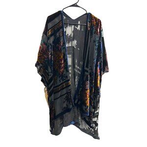 Floral Velvet Trimmed Sheer Kimono Black Multicolor Open Front Burnout Coverup